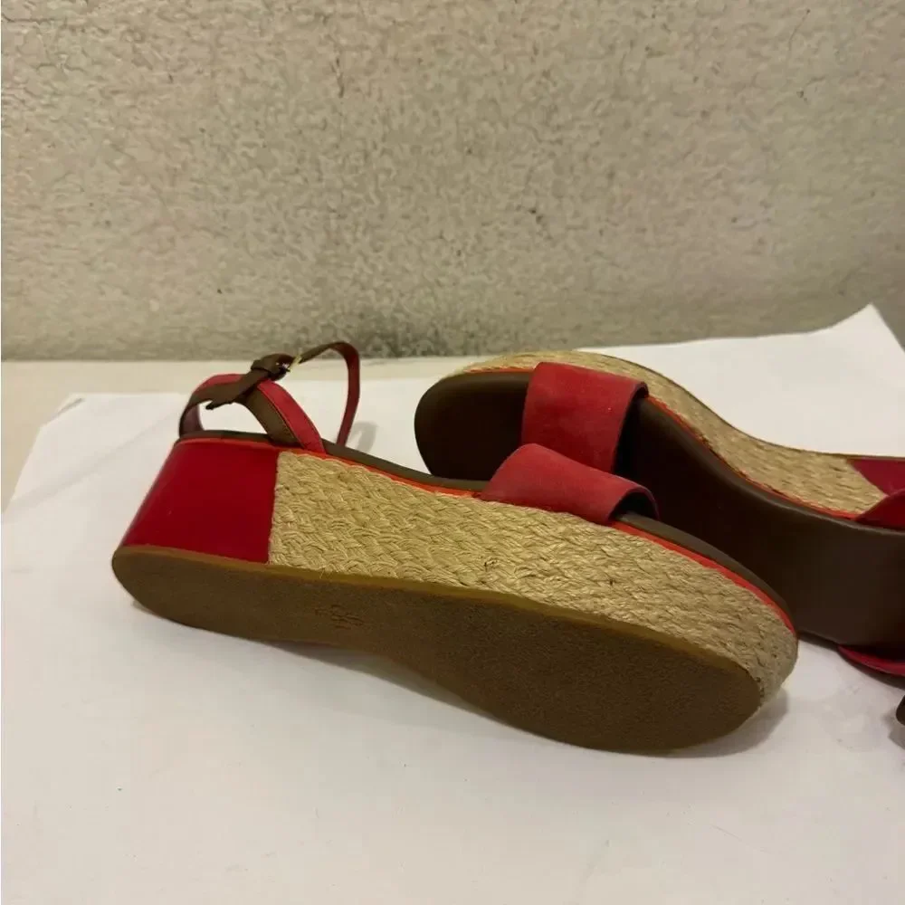 COLE HAAN Red Suede Patent Leather Wedges Espadrille Sandals Ankle Strap 10C